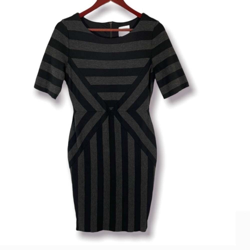 Anthropologie Maeve Geoplane Striped Sheath Dress Size 6 Gray Black Geometric